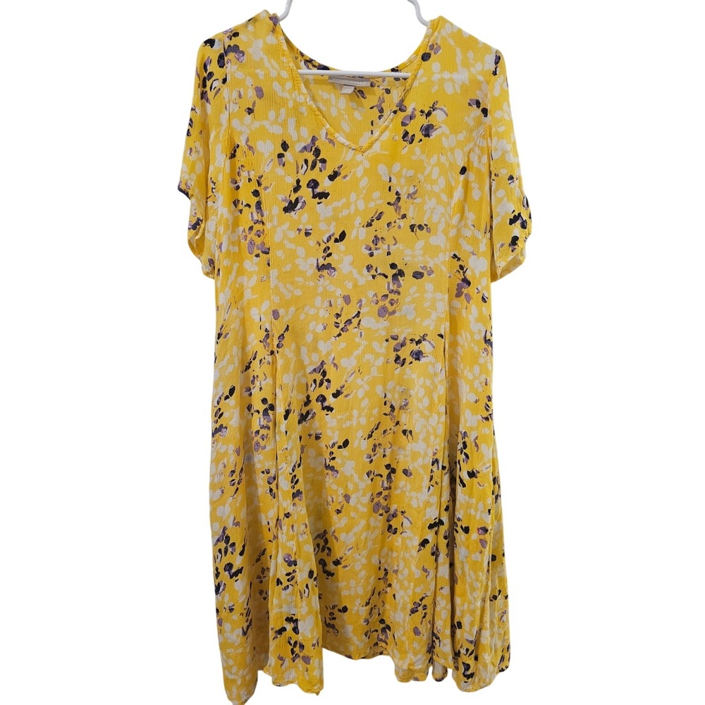 Woman Within Yellow Floral V-Neck Short Sleeve Summer Dress Pockets Plus 18W